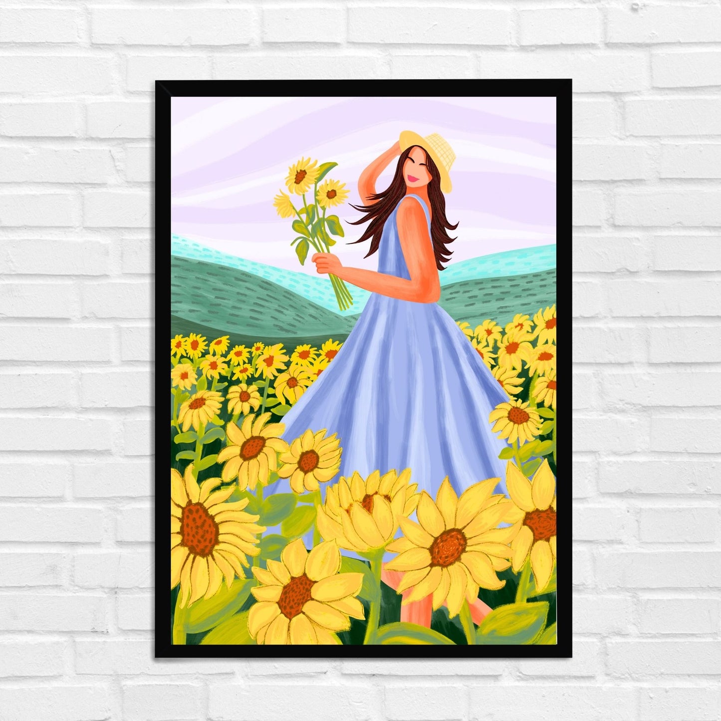 Happy Girl in sunflower field Travel Wall Art