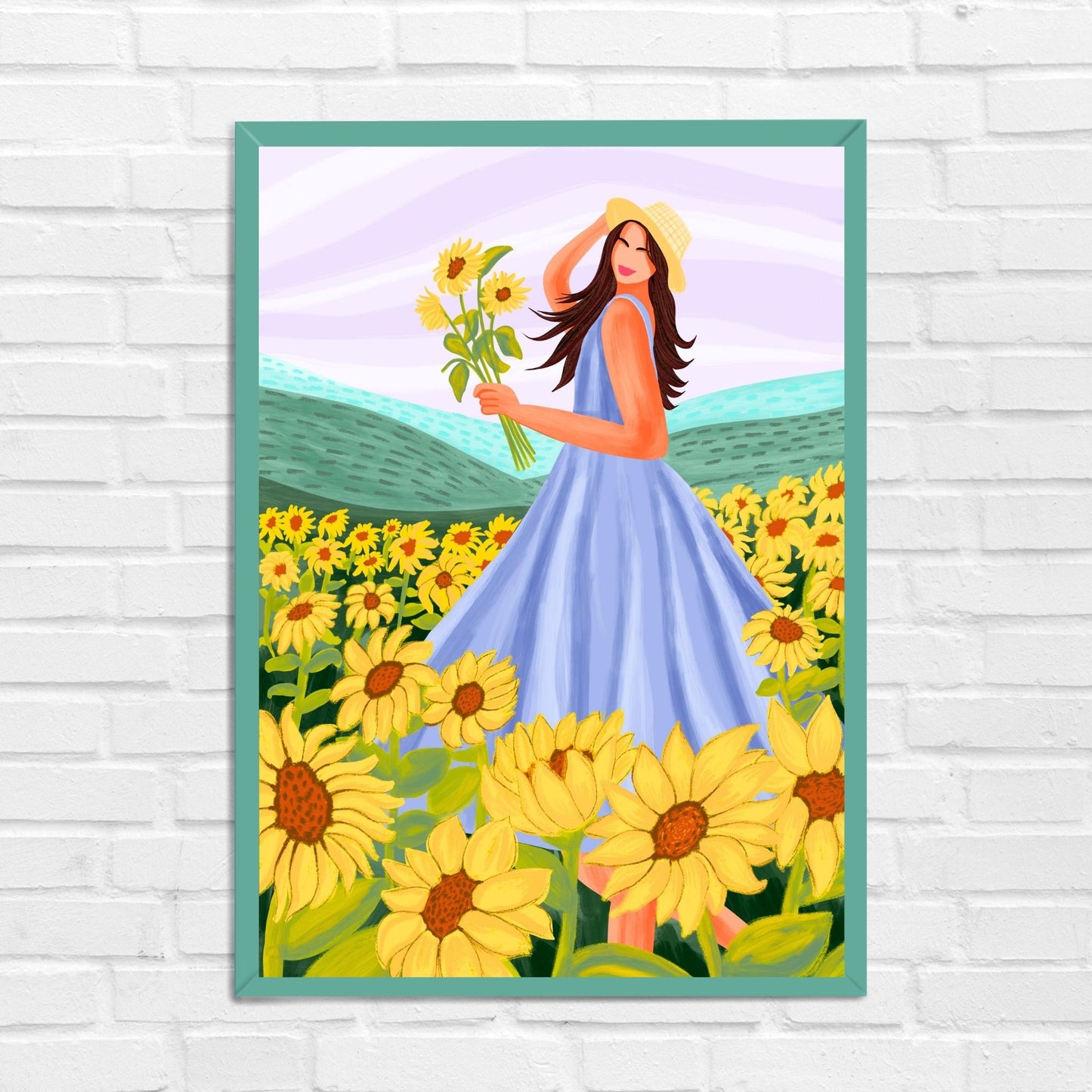 Happy Girl in sunflower field Travel Wall Art