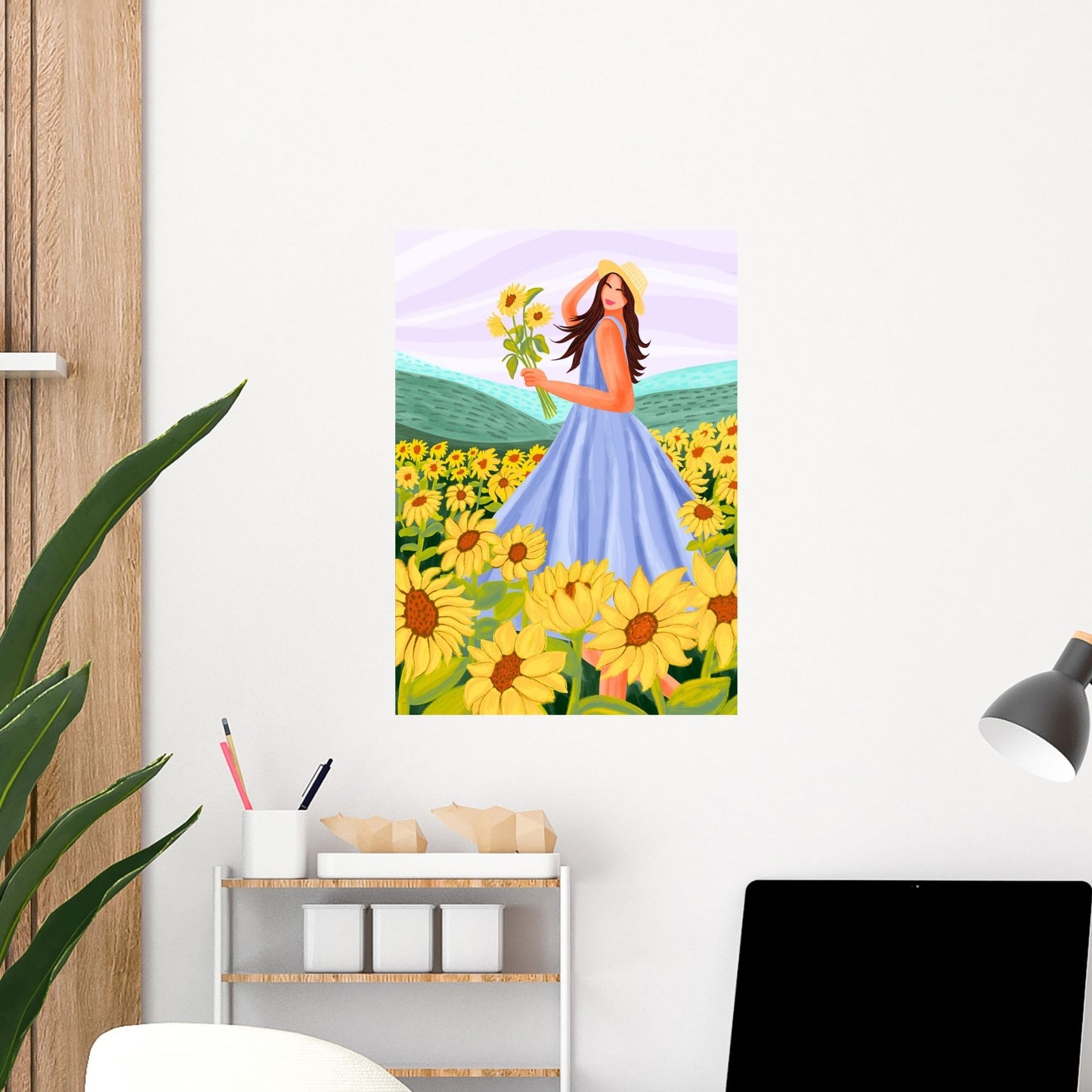 Happy Girl in sunflower field Travel Wall Art