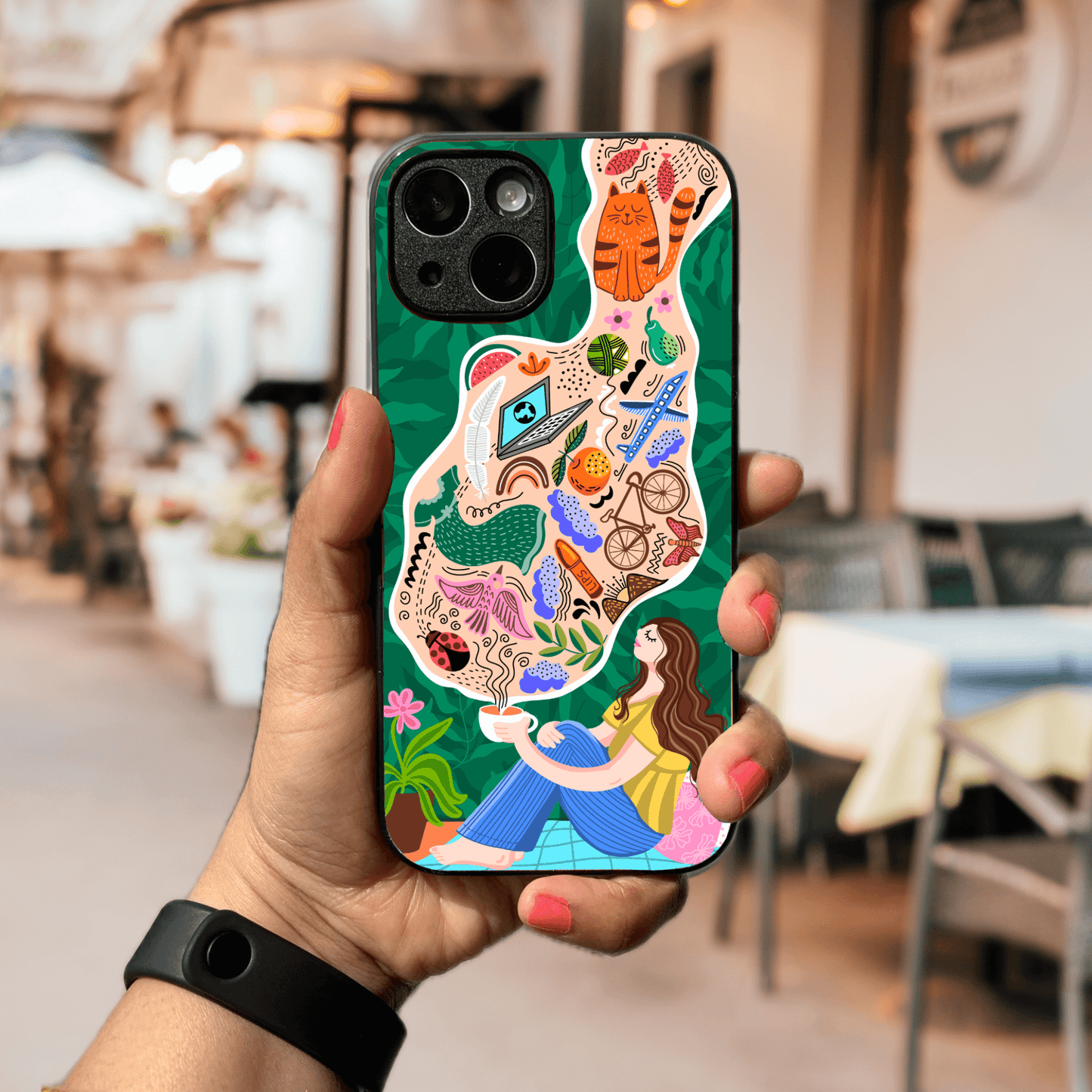 Hand-drawn Glass Phone Case - Morning chai doodle