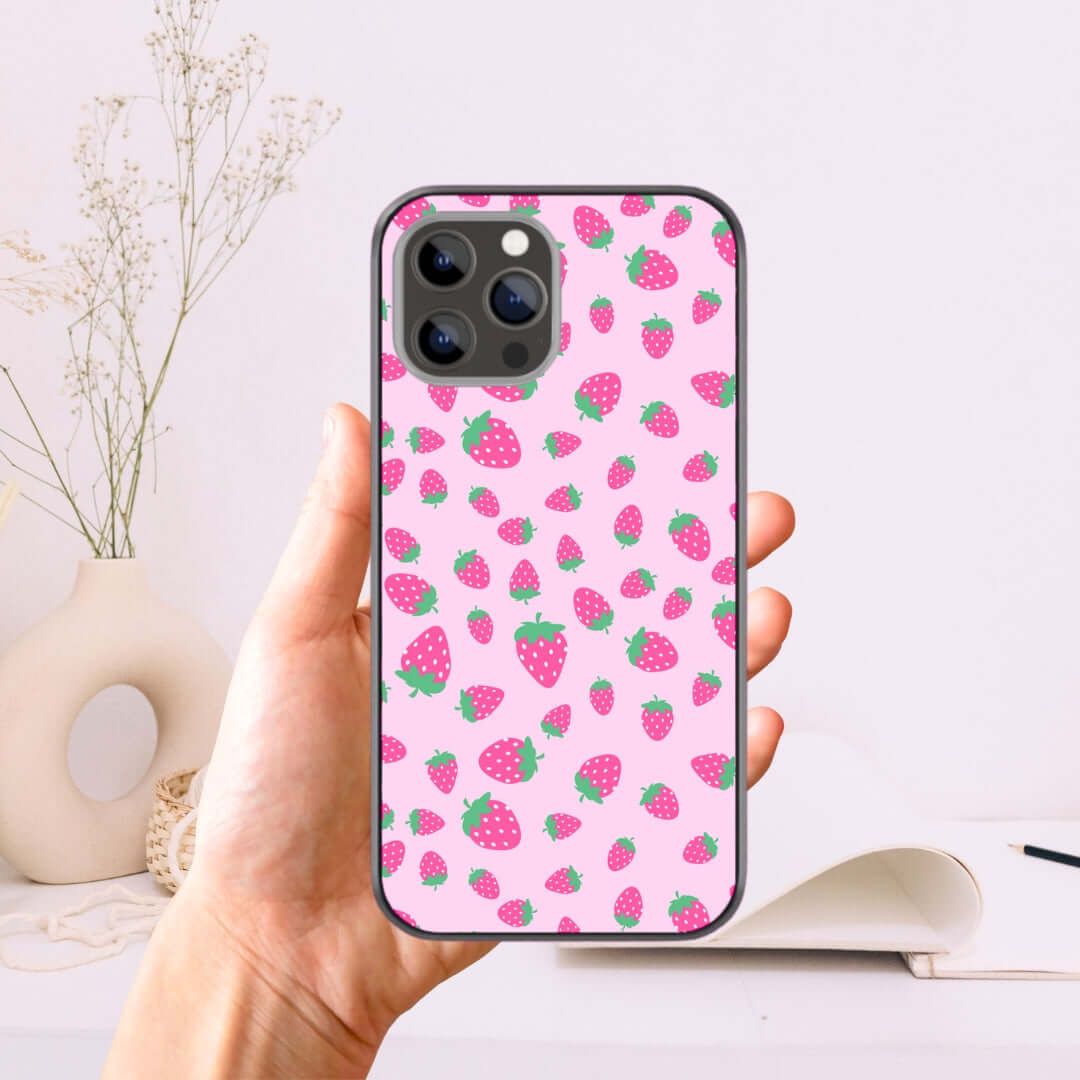 Strawberry pattern Glass & Hybrid Matte Case Pink