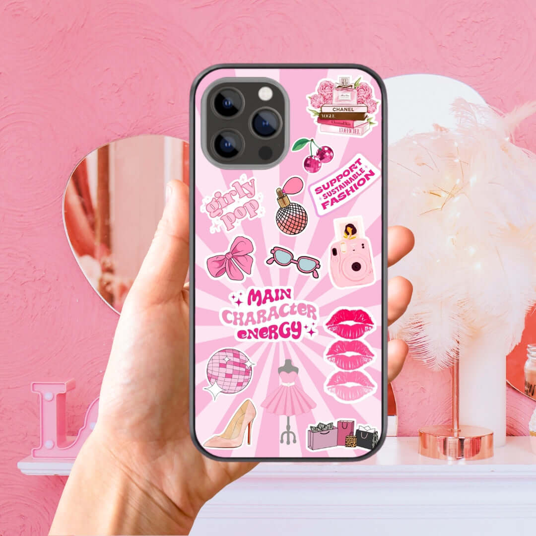Pink Main Character Energy Fashion Sticker Glass & Hybrid Matte Case