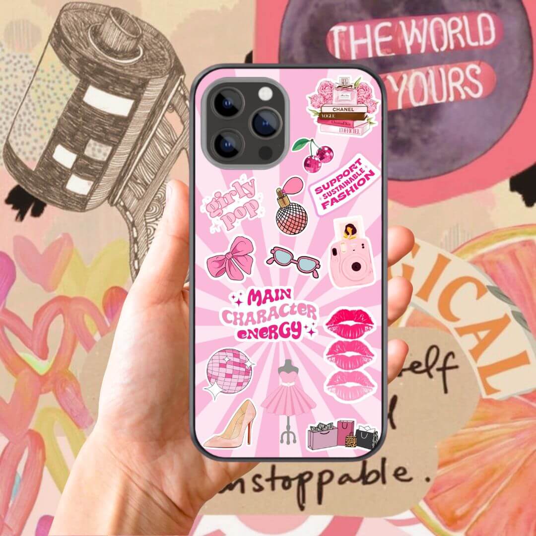 Pink Main Character Energy Fashion Sticker Glass Case