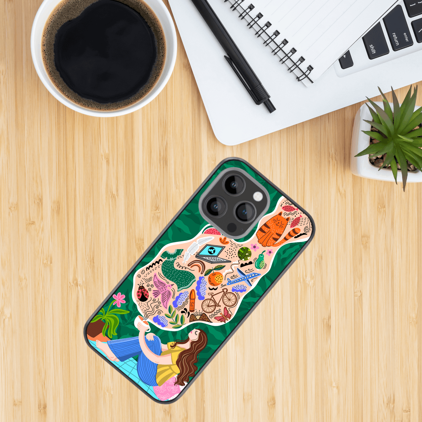 Hand-drawn Glass Phone Case - Morning chai doodle