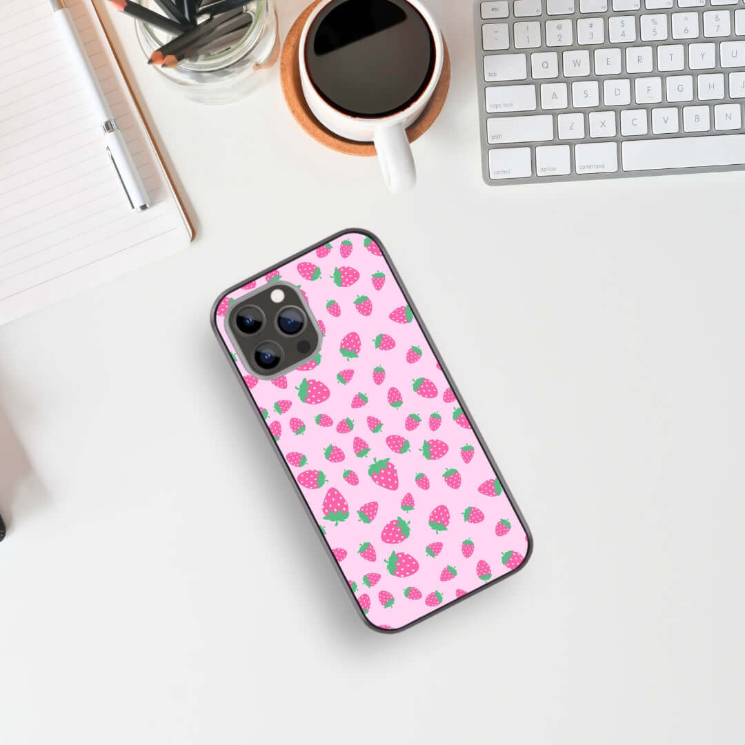 Strawberry pattern Glass & Hybrid Matte Case Pink