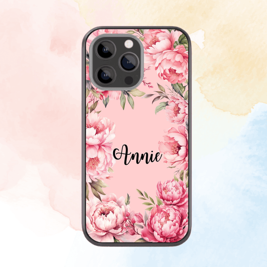 Custom Name Glass & Hybrid Matte Phone Case: Watercolor Peonies