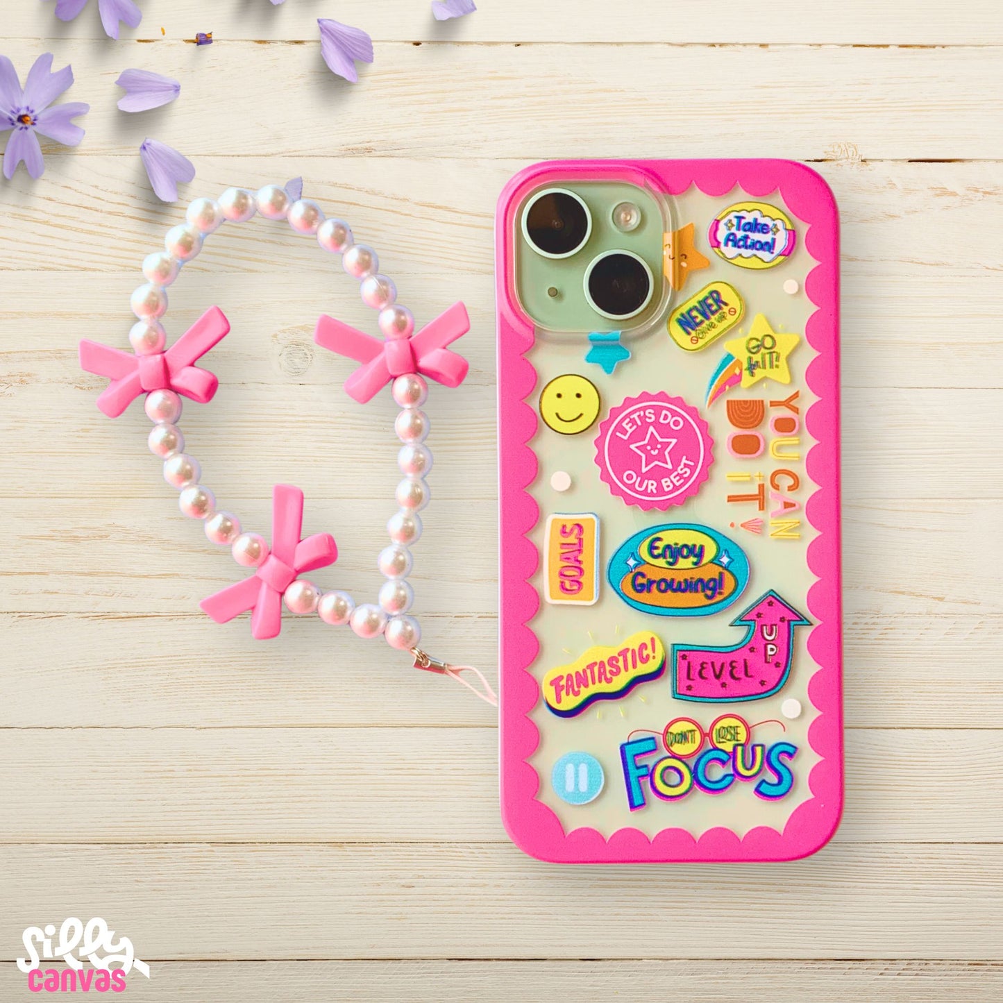 Silicone Clear Case with Pink Bow Charm Selfcare Stickers