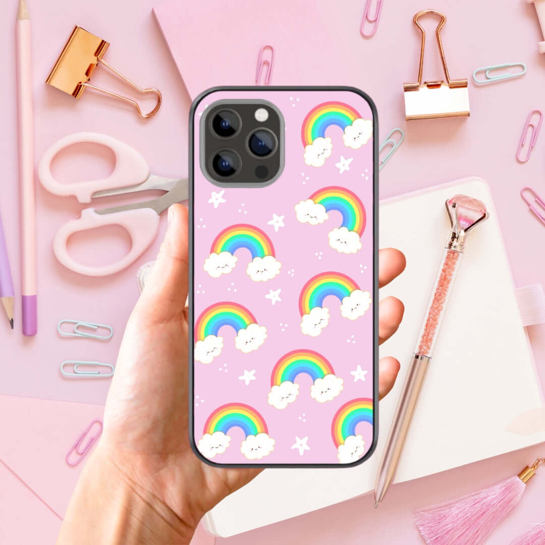 Happy Rainbows Pattern Pink Glass Case