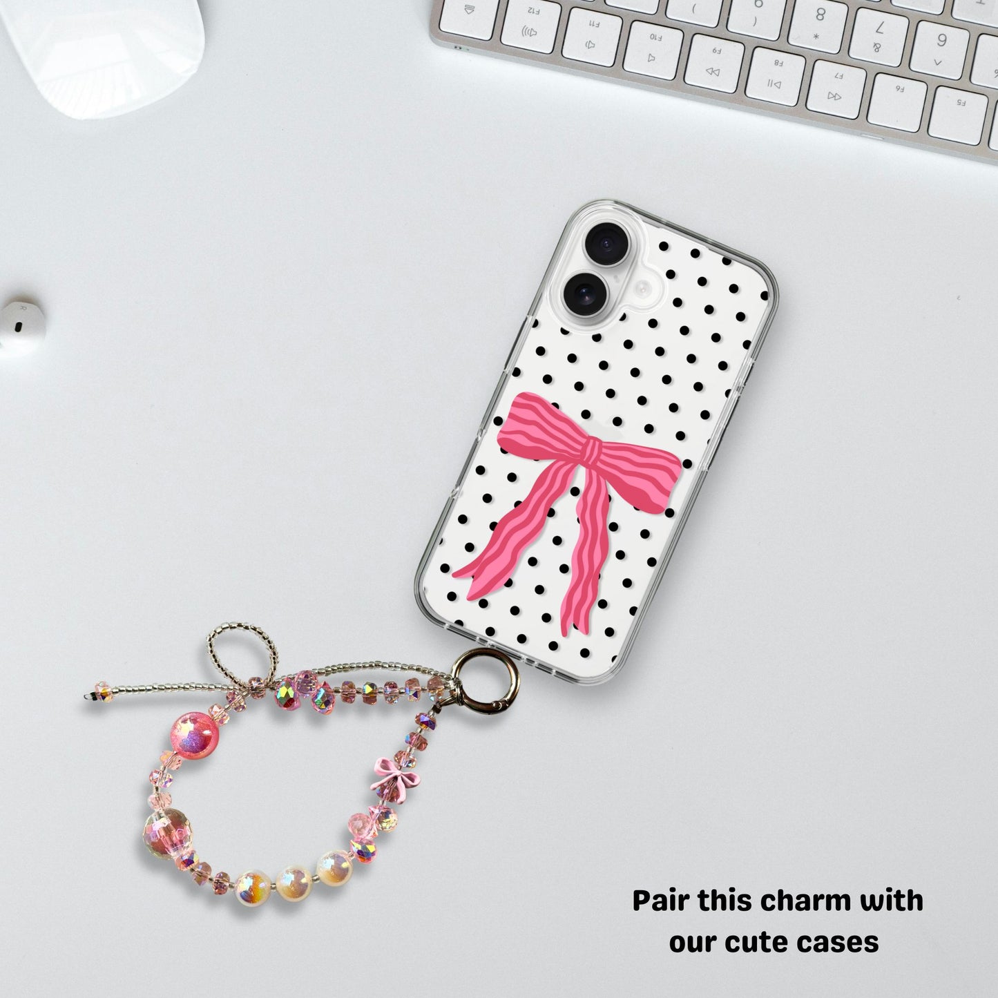 Glittery charm with bow & Pink beads- Phone & Bag Fashion Charm