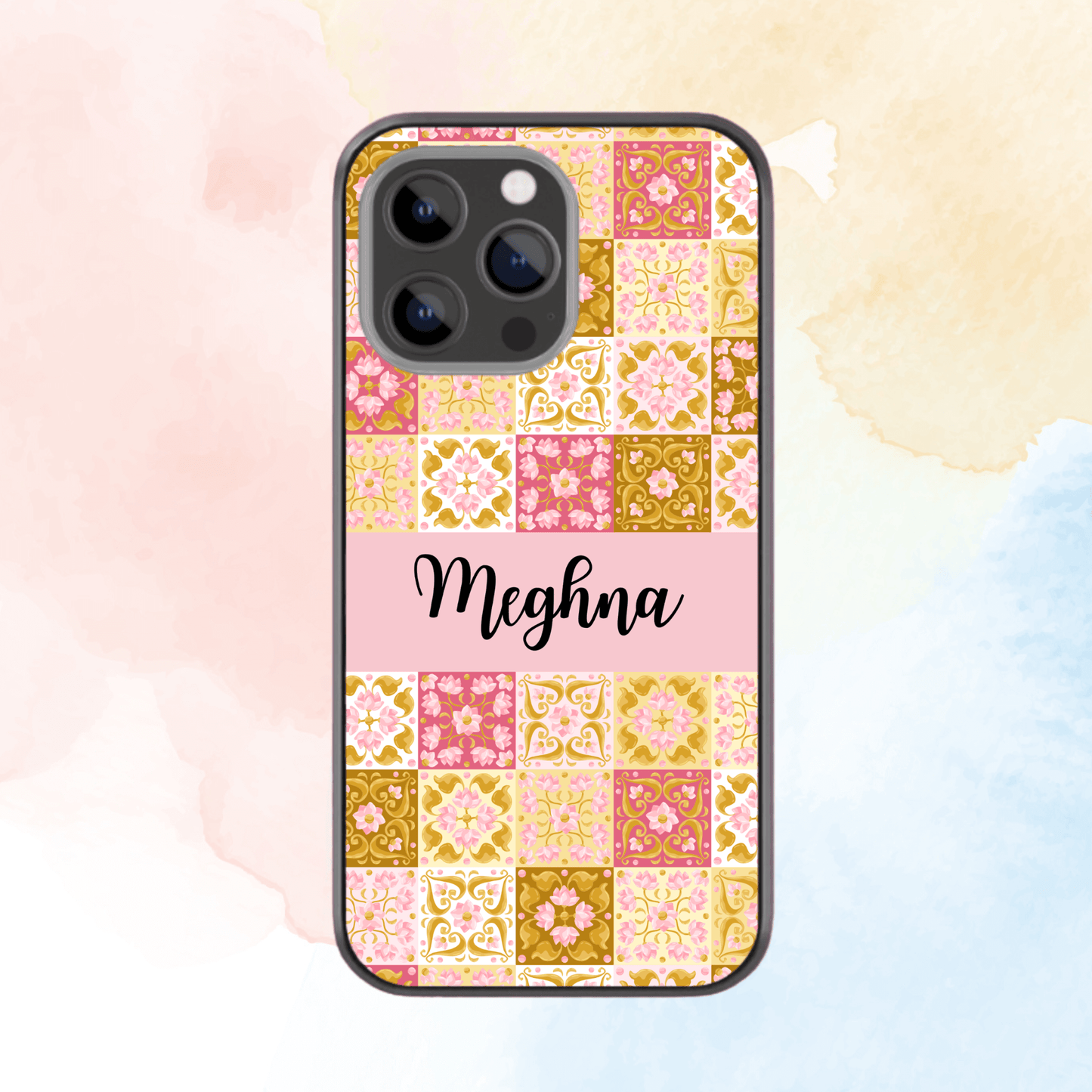 Custom Name Glass & Hybrid Matte Phone Case: Flower Tiles