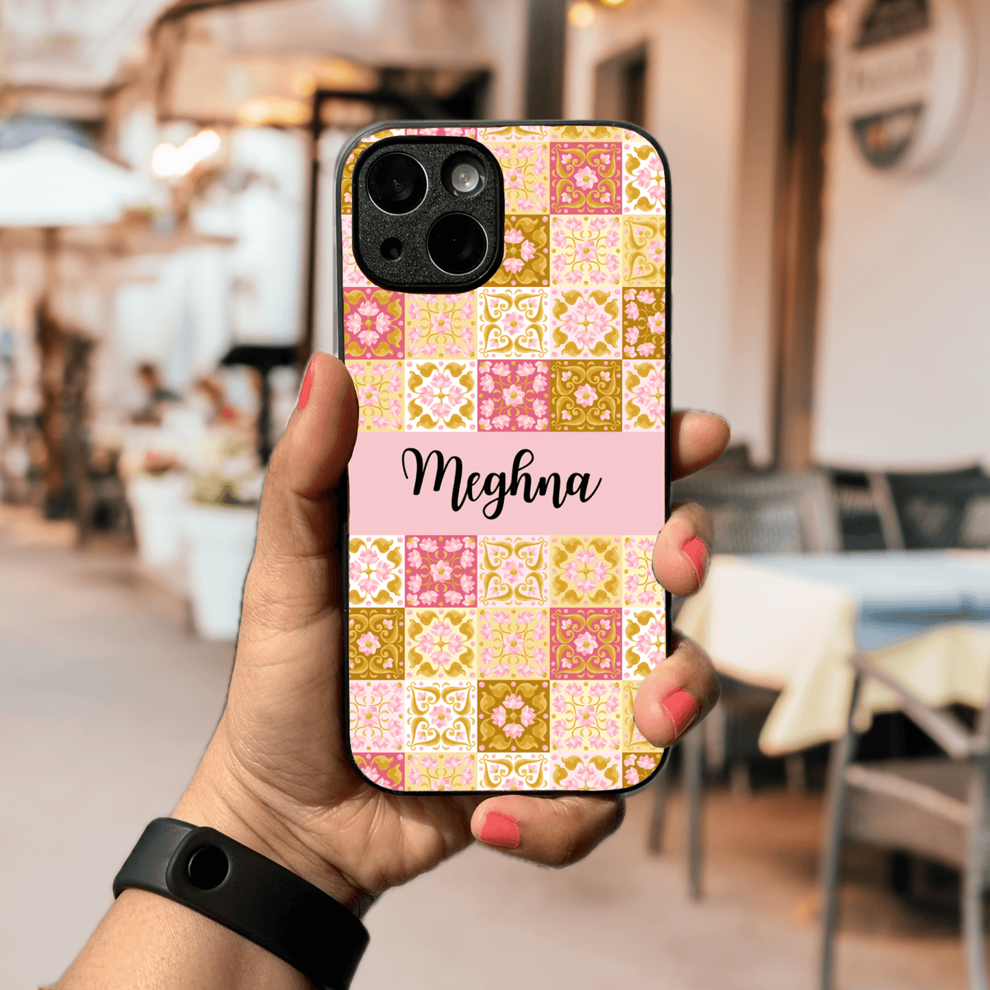 Custom Name Glass & Hybrid Matte Phone Case: Flower Tiles