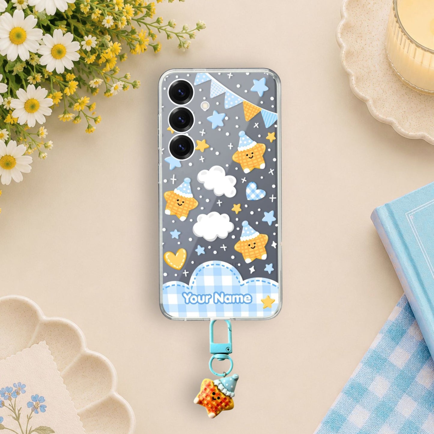 Cute Waffle Star Clear Silicone Phone Case with Small Charm