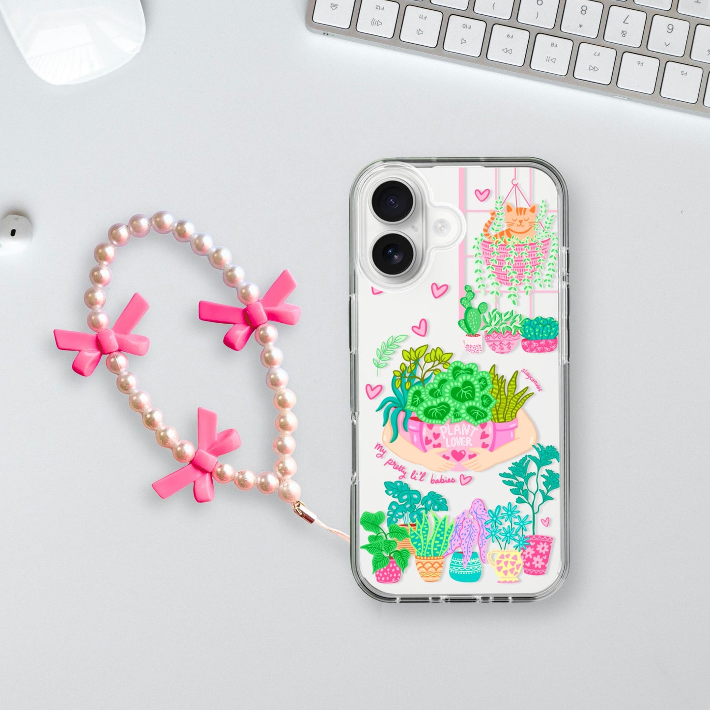 Silicone Clear Case with Pink Charm Plant Lover