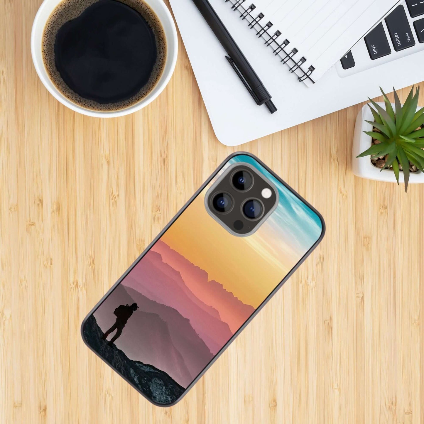 Traveller at sunset aesthetic glass case