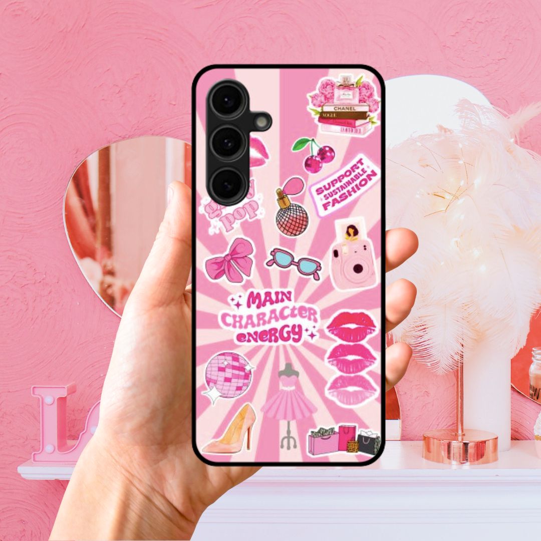 Pink Main Character Energy Fashion Sticker Glass & Hybrid Matte Case