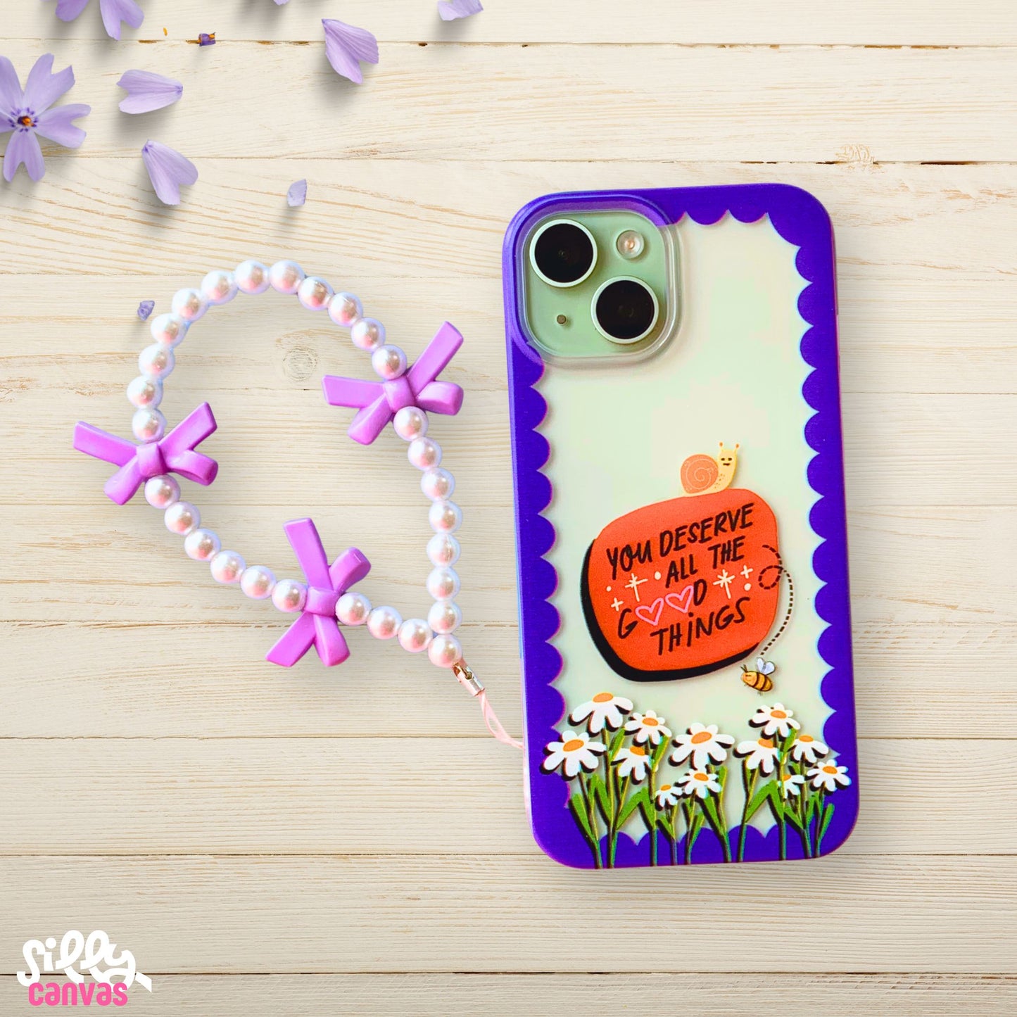 Purple bow phone charm with white beads