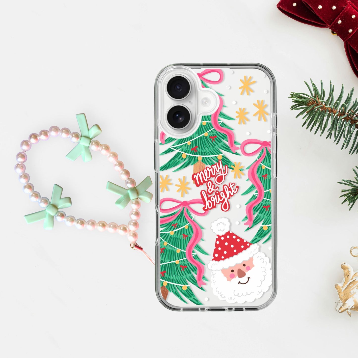 Silicone Clear Case with Green Bow Charm Christmas Santa Claus