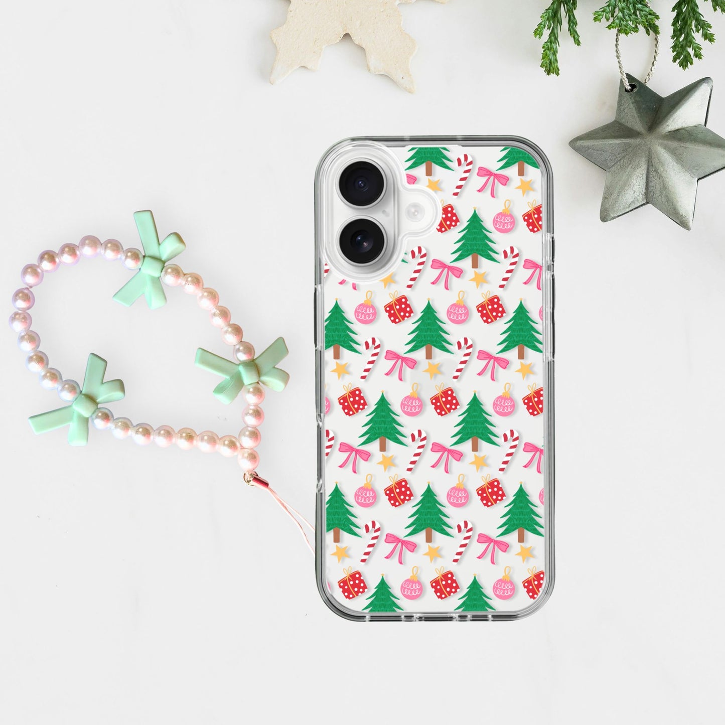 Silicone Clear Case with Green Bow Charm Christmas Pattern