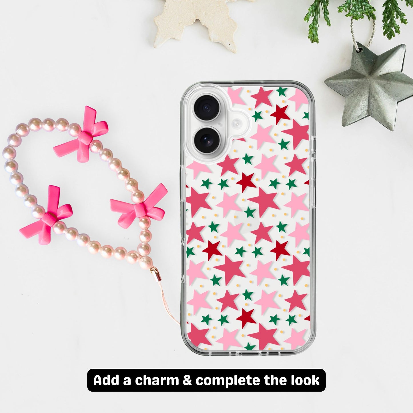 Clear Silicone Case Christmas Stars Pattern Red Pink
