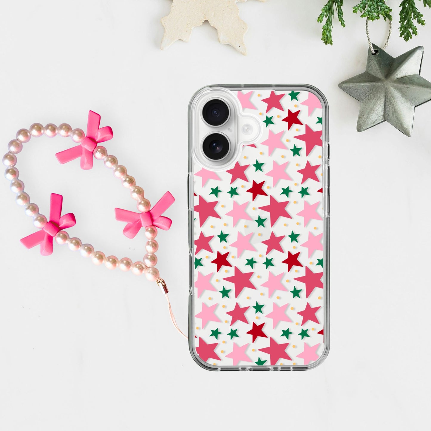 Silicone Clear Case with Green Bow Charm Christmas Stars Red Pink