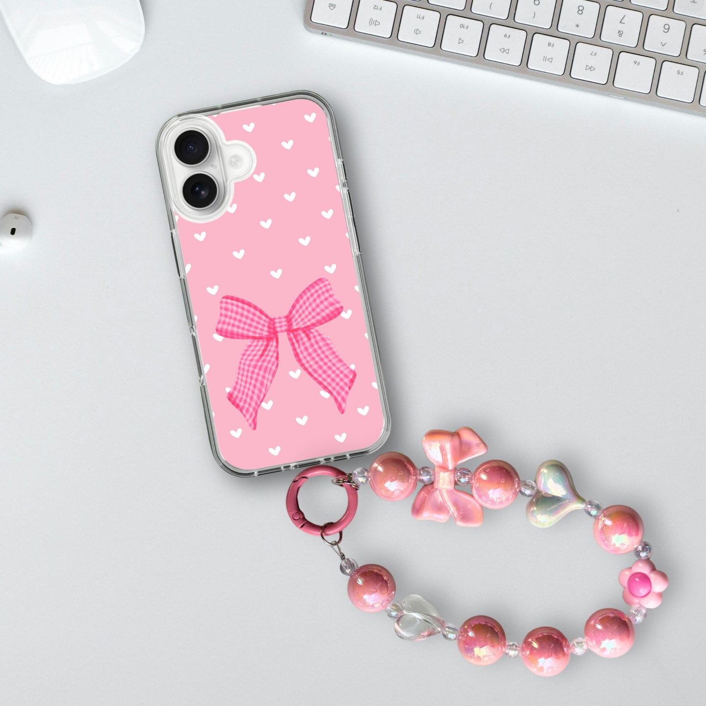 Soft Hearts & Pink Bow Charm Case - Silicone Clear Case with Charm