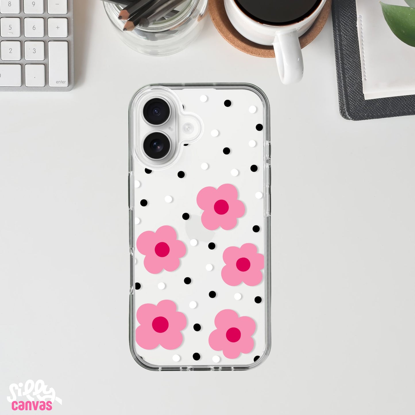 Flower Polka Dots Charm Case - Silicone Clear Case with Charm
