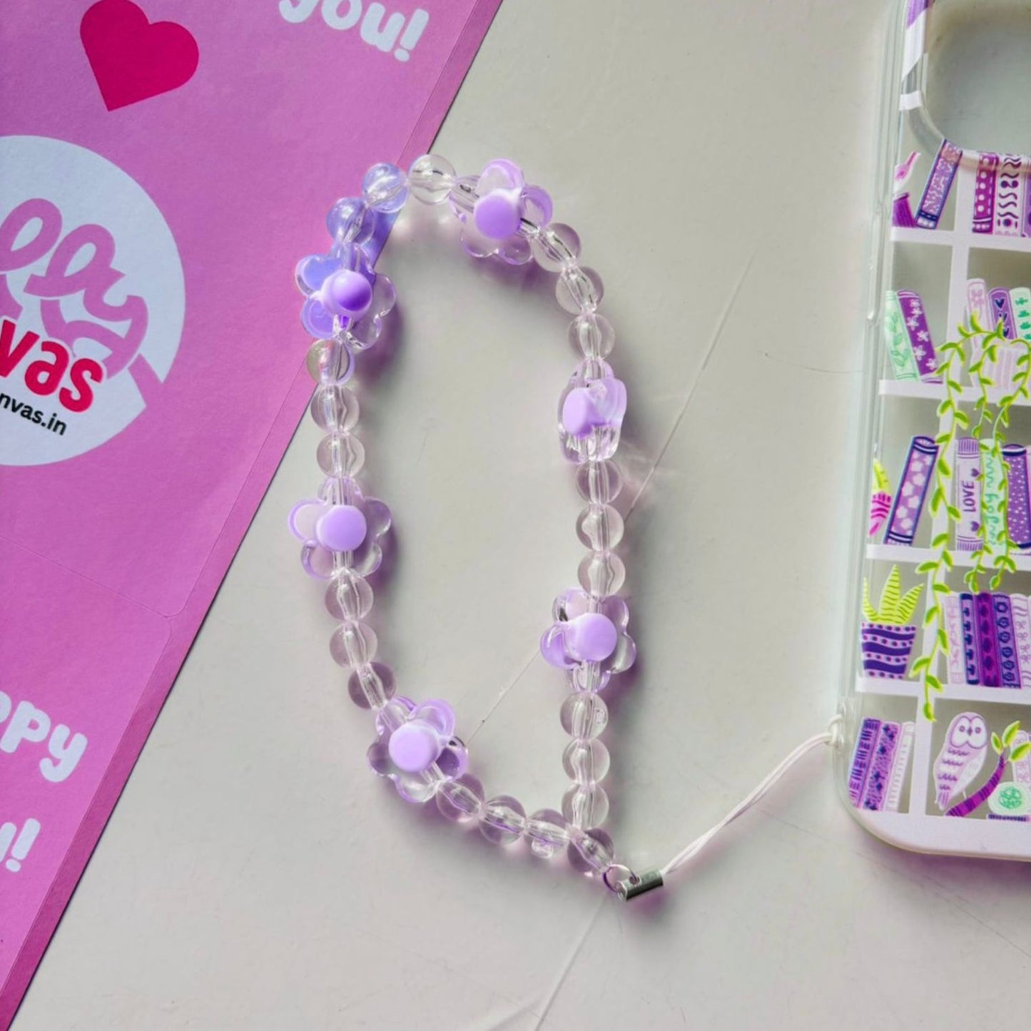 Purple Floral phone charm transparent beads