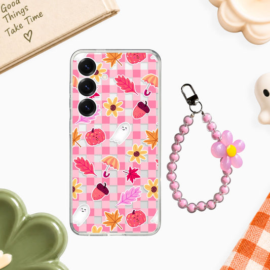 Pink Autumn Gingham Clear Silicone Case with Charm