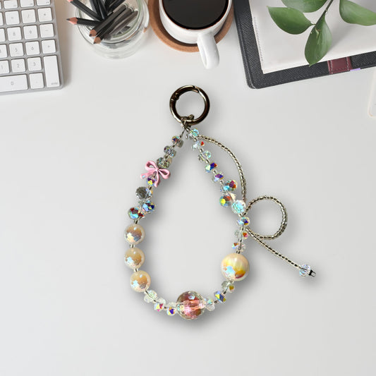 Glittery charm with bow & Beige beads- Phone & Bag Fashion Charm