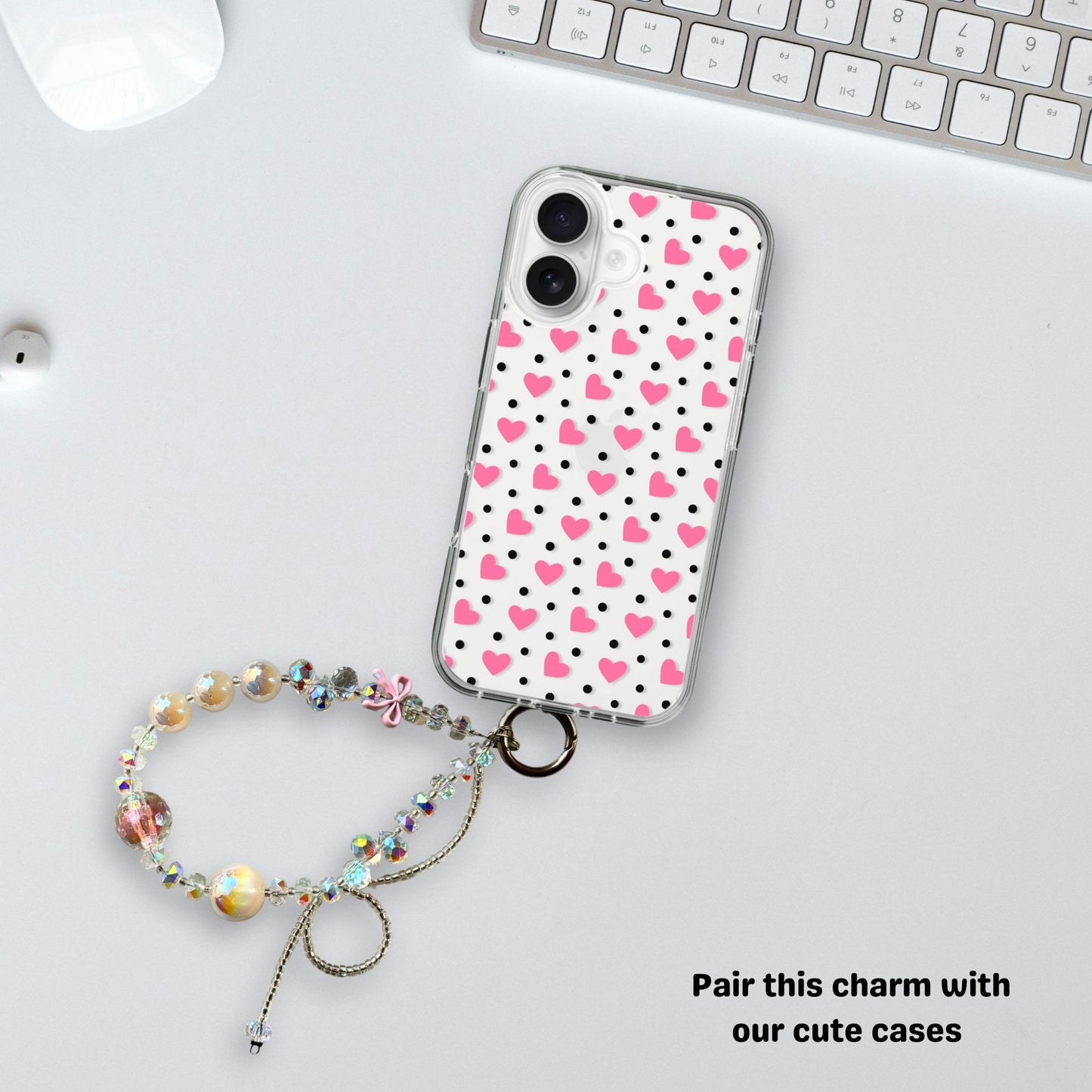 Glittery charm with bow & Beige beads- Phone & Bag Fashion Charm