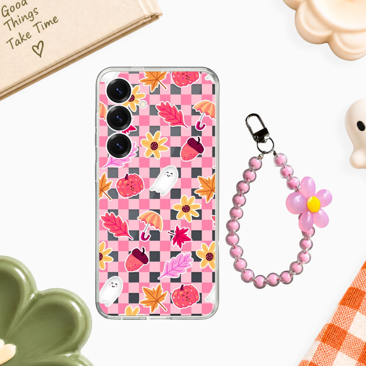 Pink Autumn Gingham Clear Silicone Case with Charm