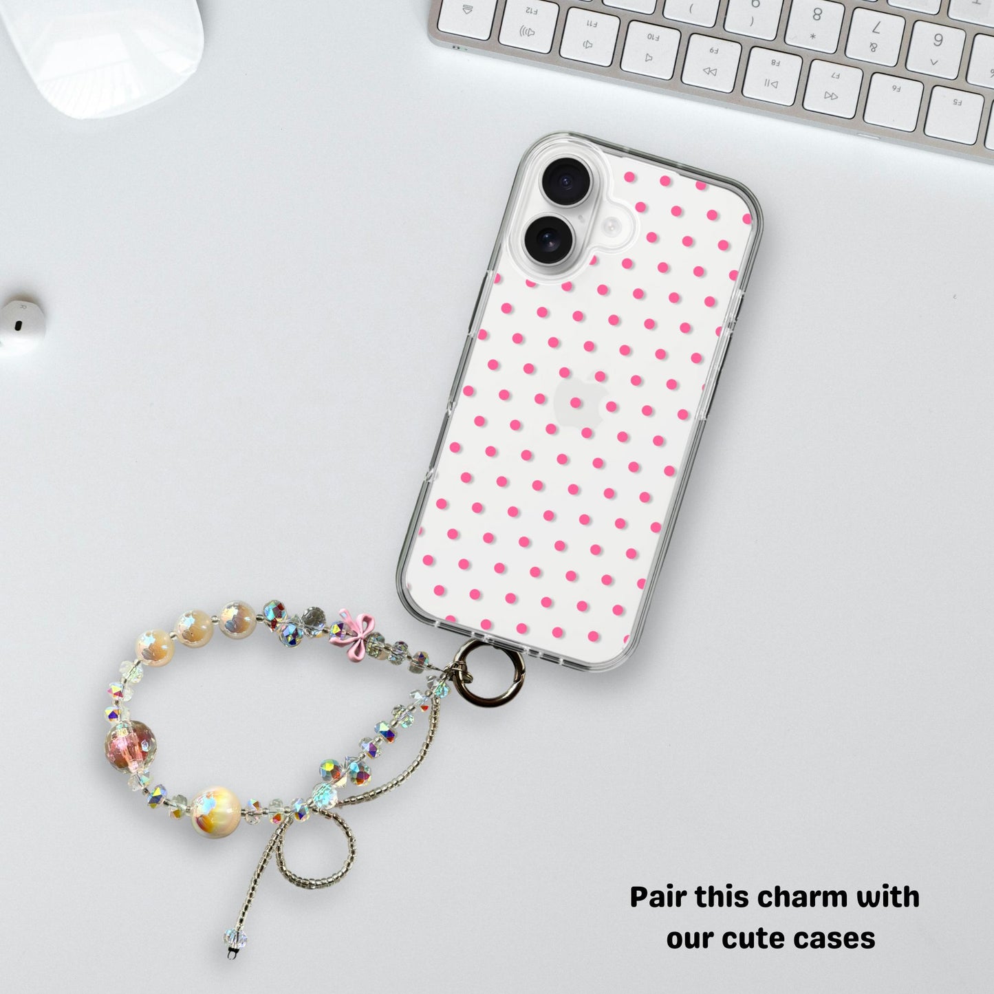Glittery charm with bow & Beige beads- Phone & Bag Fashion Charm