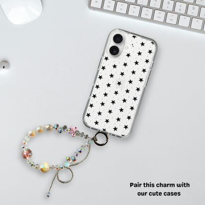 Glittery charm with bow & Beige beads- Phone & Bag Fashion Charm