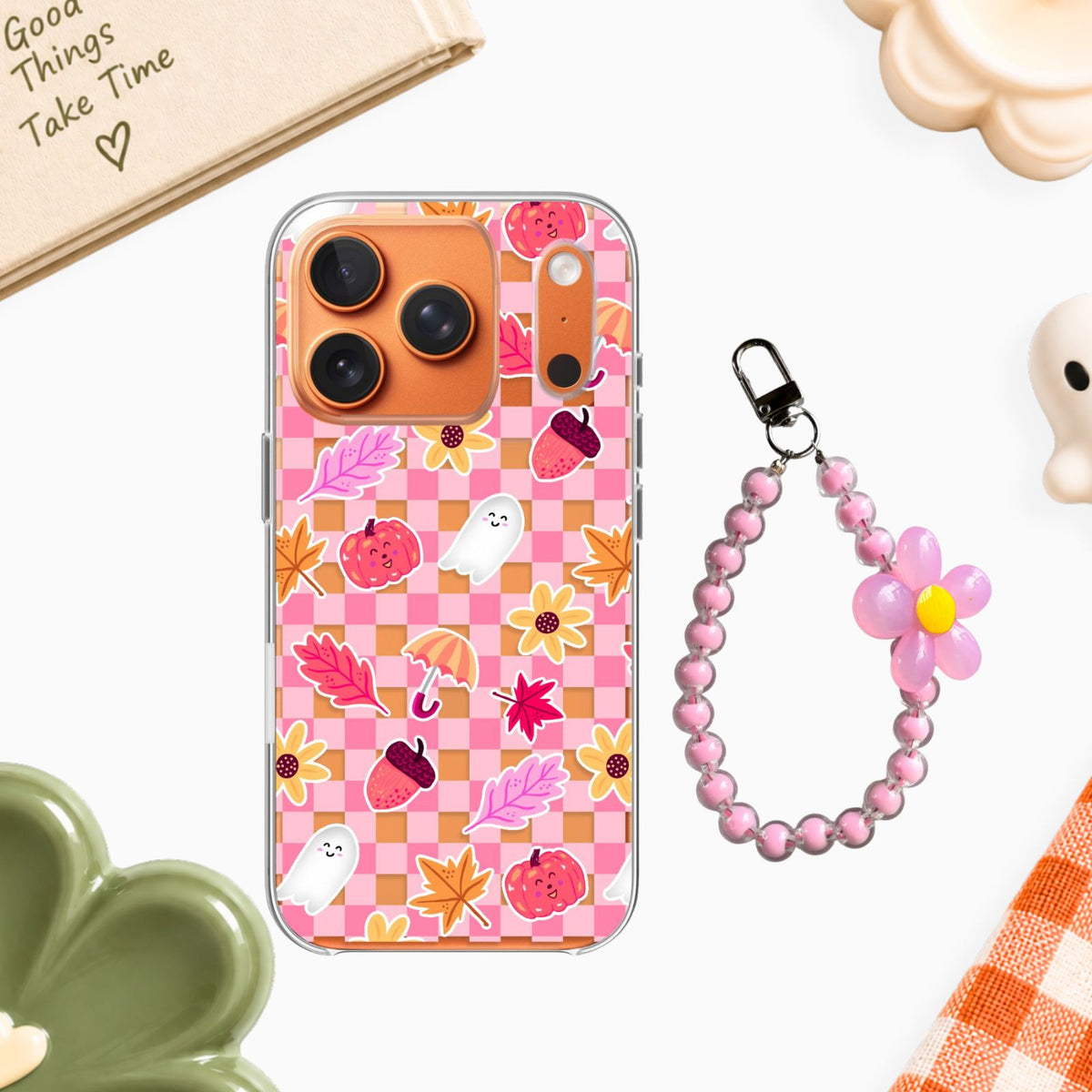 Pink Autumn Gingham Clear Silicone Case with Charm