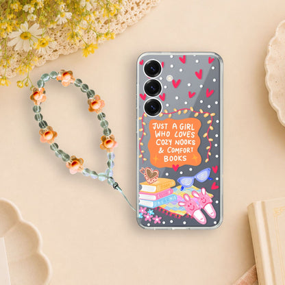 Cozy Book Lover Clear Silicone Phone Case with Orange Charm