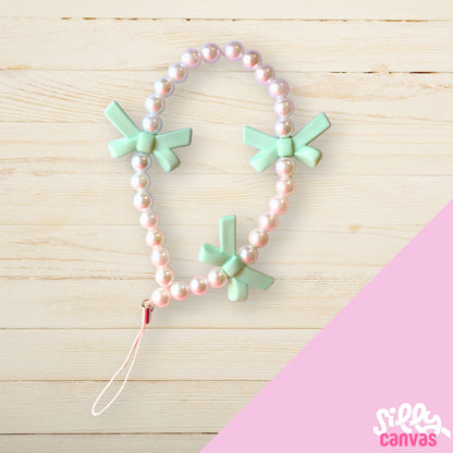 Green bow phone charm with white beads