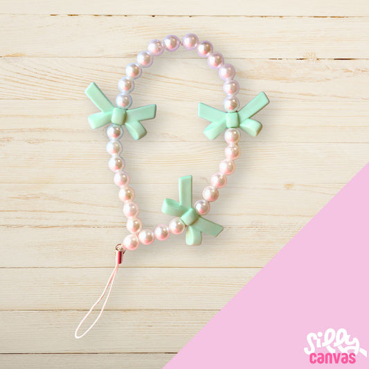 Green bow phone charm with white beads