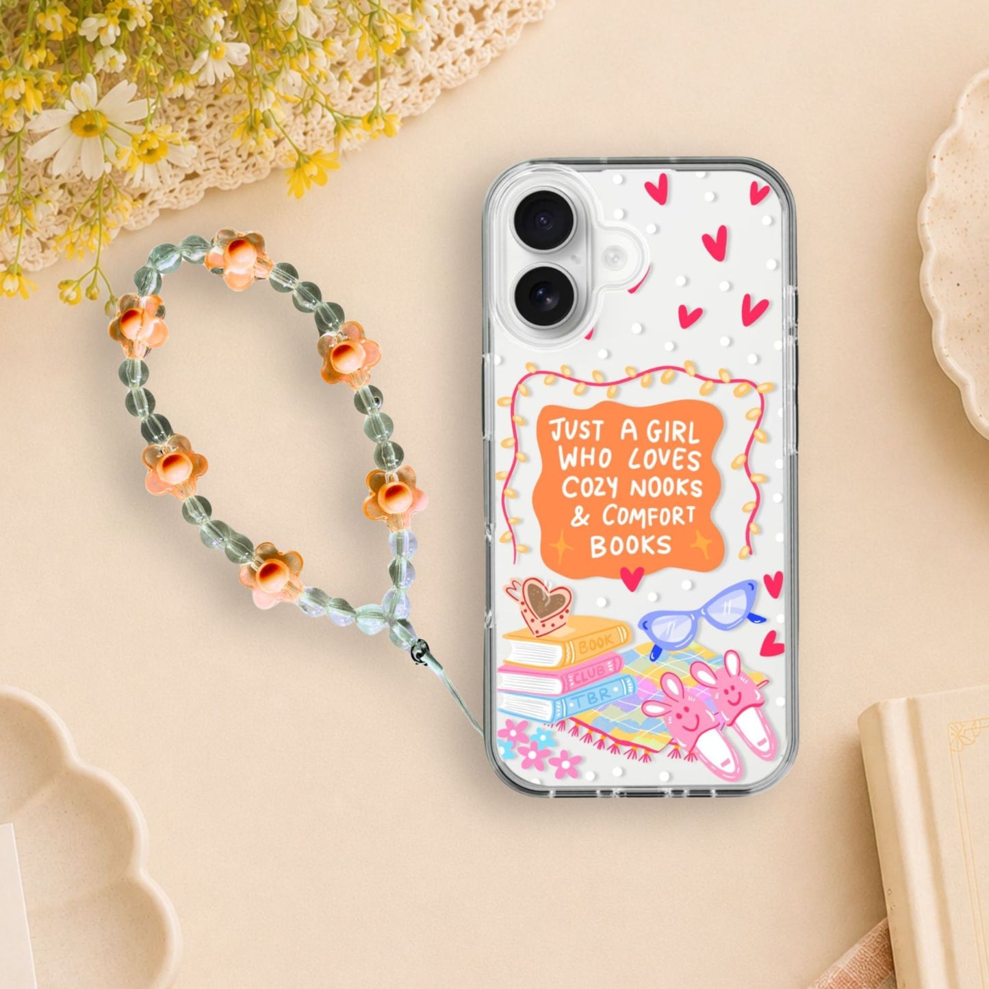 Cozy Book Lover Clear Silicone Phone Case with Orange Charm