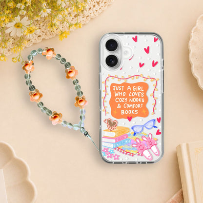 Cozy Book Lover Clear Silicone Phone Case with Orange Charm