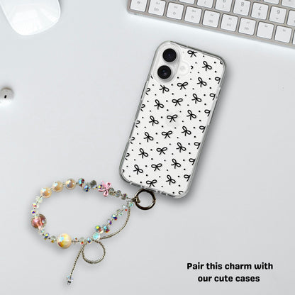 Glittery charm with bow & Beige beads- Phone & Bag Fashion Charm