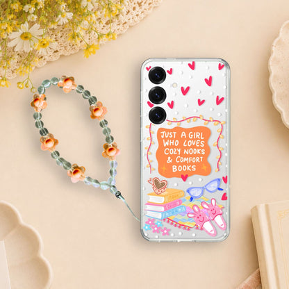 Cozy Book Lover Clear Silicone Phone Case with Orange Charm