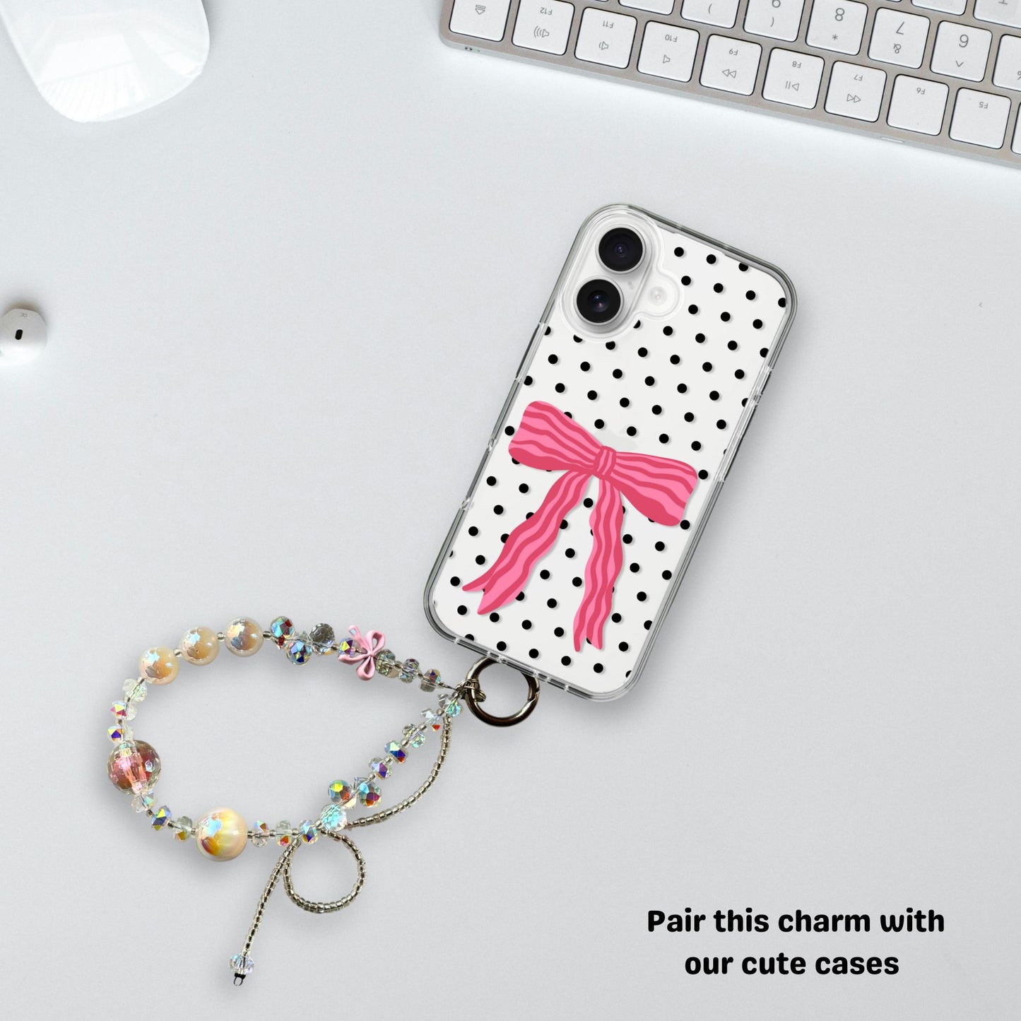 Glittery charm with bow & Beige beads- Phone & Bag Fashion Charm