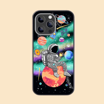 Hand-drawn Glass Phone Case - Coffee in Space