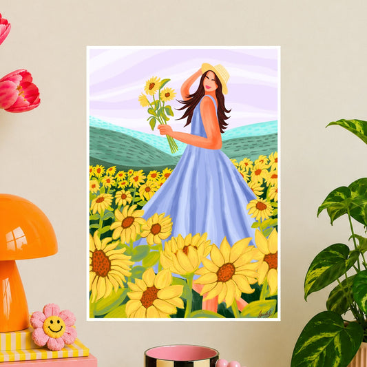Happy Girl in sunflower field Travel Wall Art