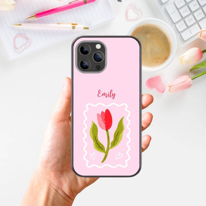 Custom Name Pink Tulip Glass Phone Case