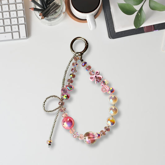 Glittery charm with bow & Pink beads- Phone & Bag Fashion Charm