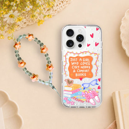 Cozy Book Lover Clear Silicone Phone Case with Orange Charm