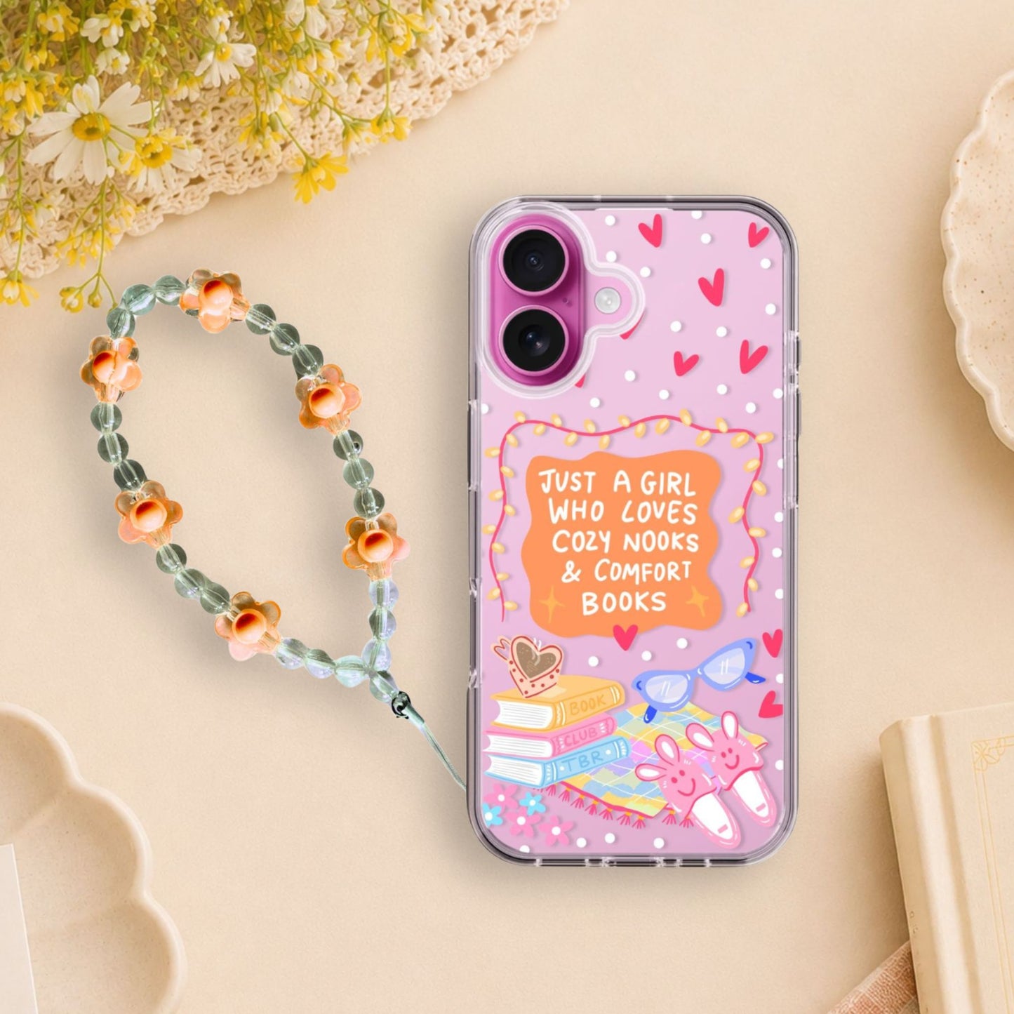 Cozy Book Lover Clear Silicone Phone Case with Orange Charm