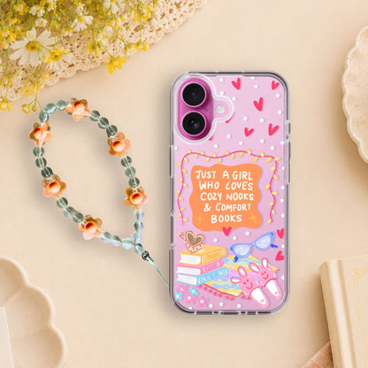 Cozy Book Lover Clear Silicone Phone Case with Orange Charm