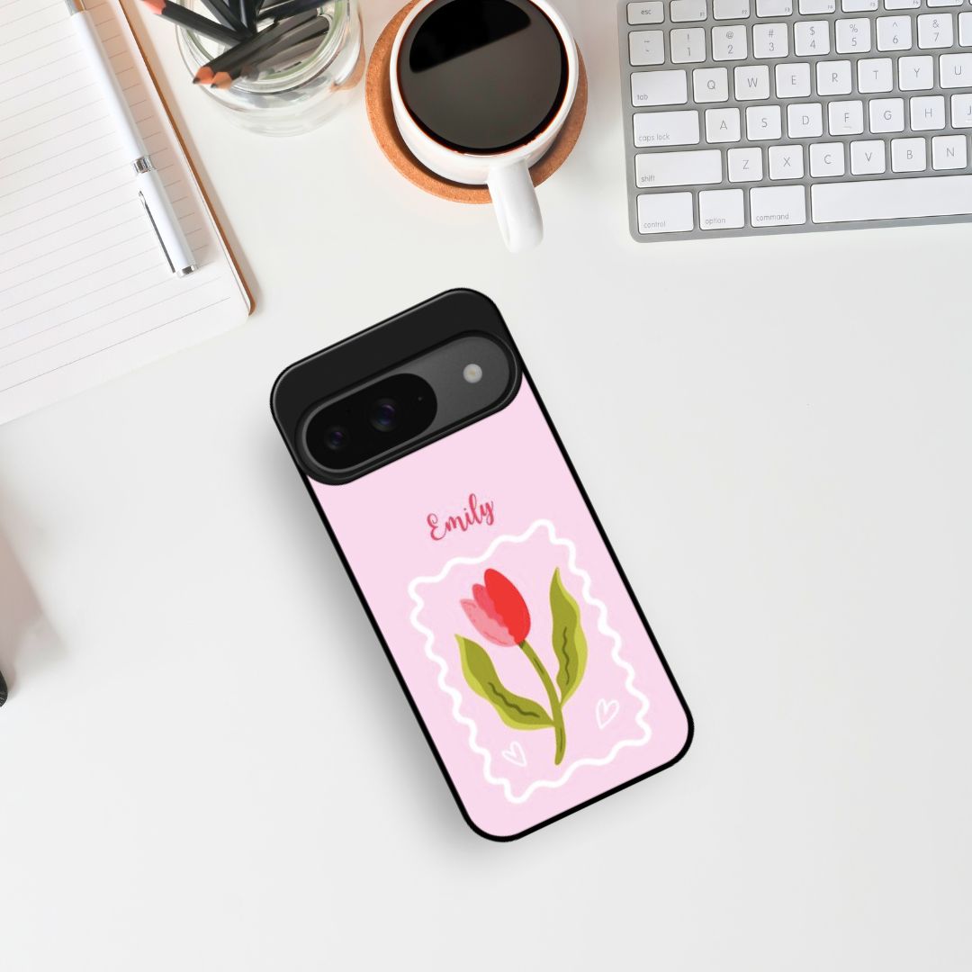 Custom Name Pink Tulip Glass Phone Case
